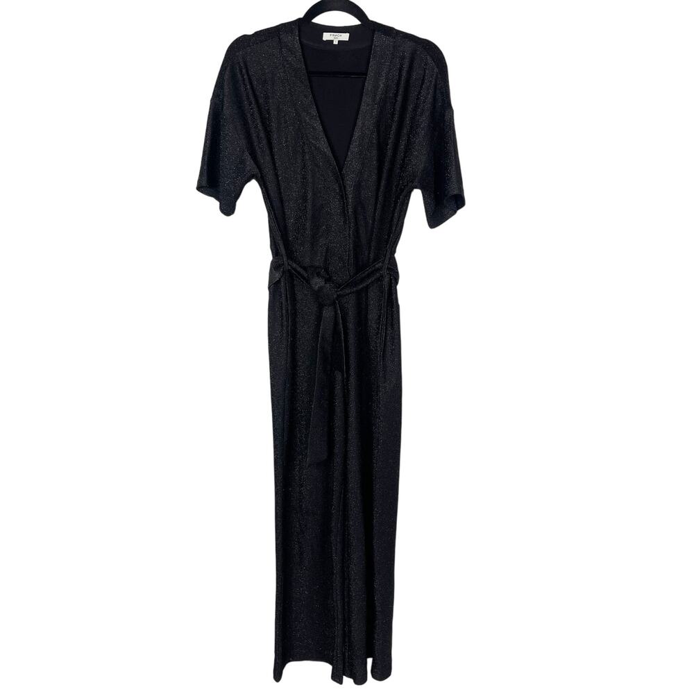 FRNCH Womens Small Black Alex Metallic Jumpsuit Tie Waist Faux Wrap Short Sleeve